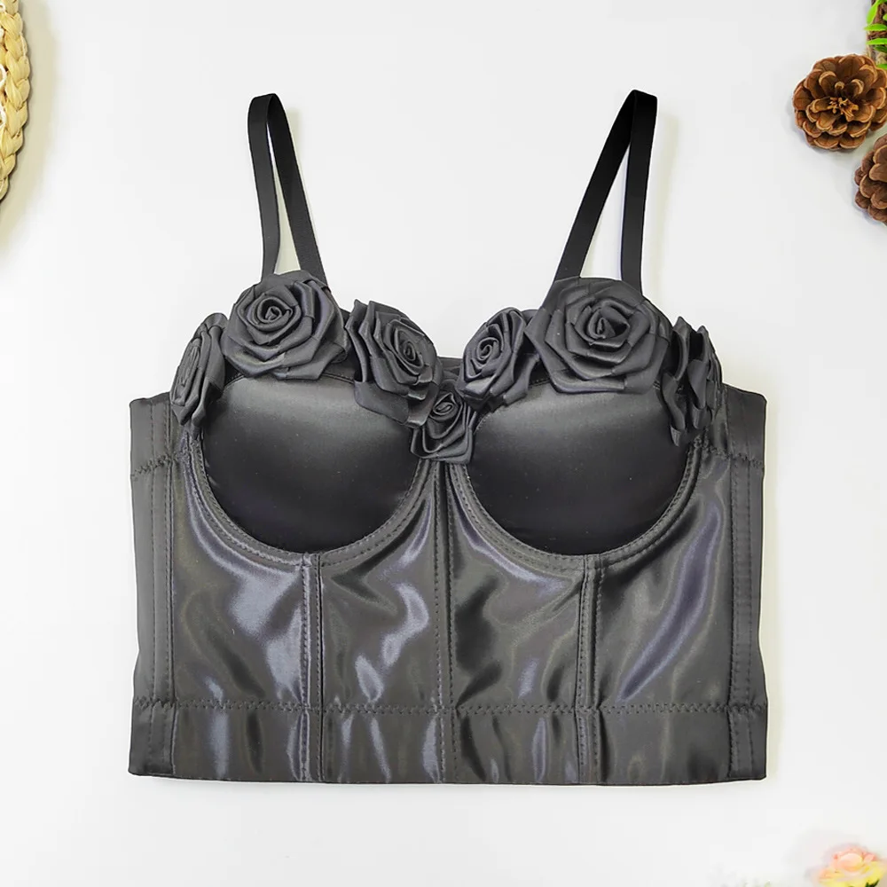 Manufactory Satin Silk 3D Straps Sexy Women Ladies Girls Boned Corselet Bustier Padded Crop Overbust Corset Flower Top Boning