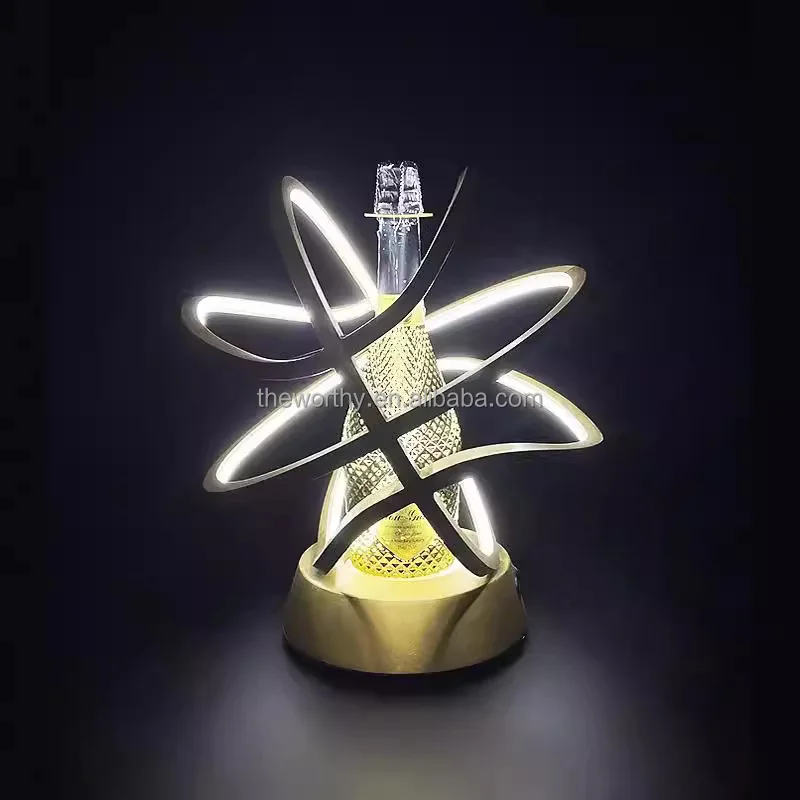 T-Worthy Custom Bar Metal Champagne Serving Tray Bottle Presenter Glorifier Glow Wine basketball Shape LED Display Rack