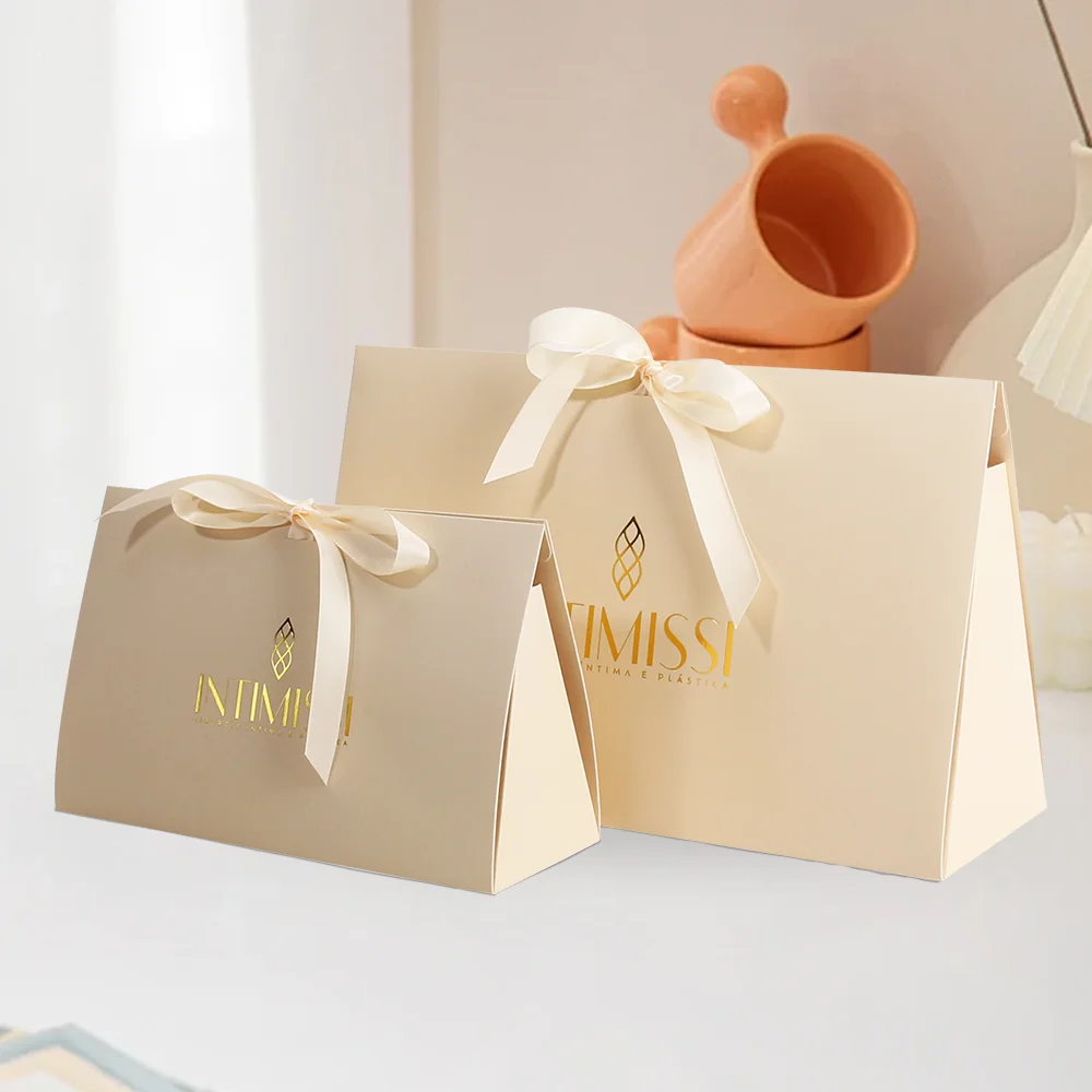 Bag with Ribbon for Cosmetic Custom Colors Luxury Shopping Clutch Paper Kraft Handbag With Twisted Nylon Rope Handle