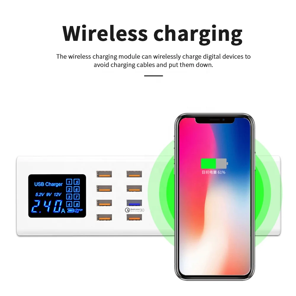 SUNLINE 2020 Multi 8 USB Port QC3.0 Quick Charger Socket Universal 10W For smart phone Fast Mobile Phone Qi Wireless Charger