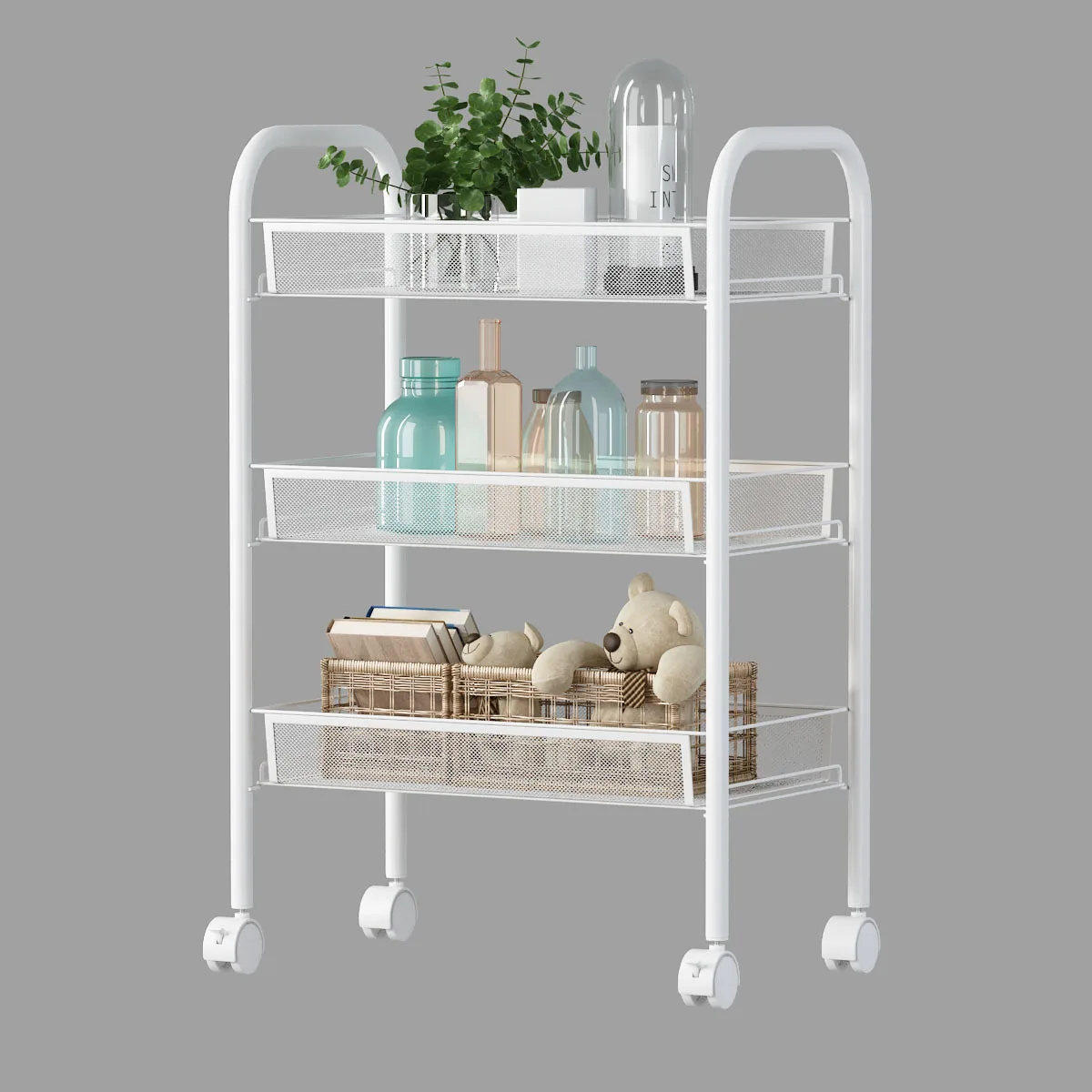 3 Tier Car of Square Rolling Utility , Metal Trolley Cart with Wheels, Easy Assembly Organizer Storage Cart