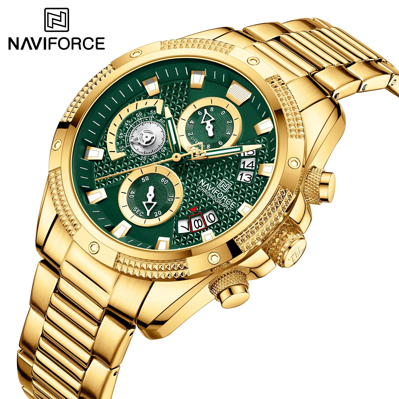 NAVIFORCE Men Watch Sport Man Wristwatch Top Brand Luxury  Chronograph Green Gold Stainless Steel Quartz Male Clock 8021
