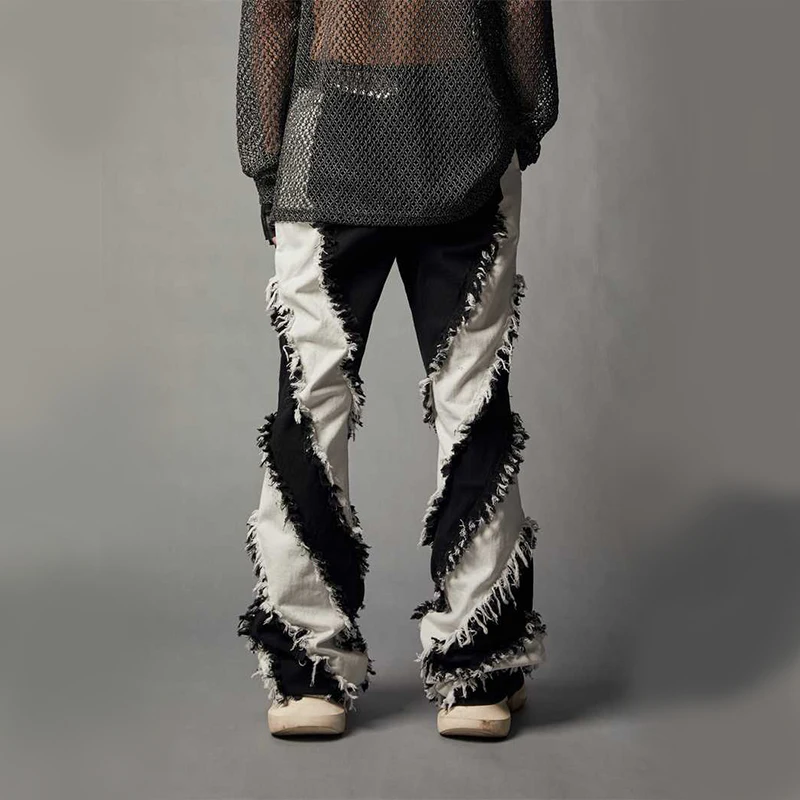 Zhang Yang Garment 2024 new collection black and white patchwork slim fur jeans plus size casual funky flared pants men