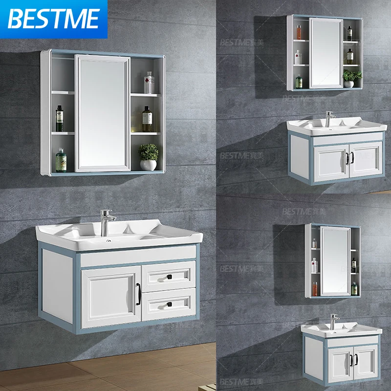 Sky Blue Wall-Mounted New PVC Carbon Fiber Bathroom Vanity Cabinet with Mirror Washing Basin Home Furniture Lavabo