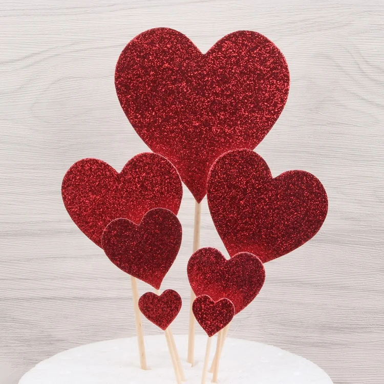 Partysu red heart cake topper valentines day frosting cake toppers happy birthday wedding party glitter red heart cake topper