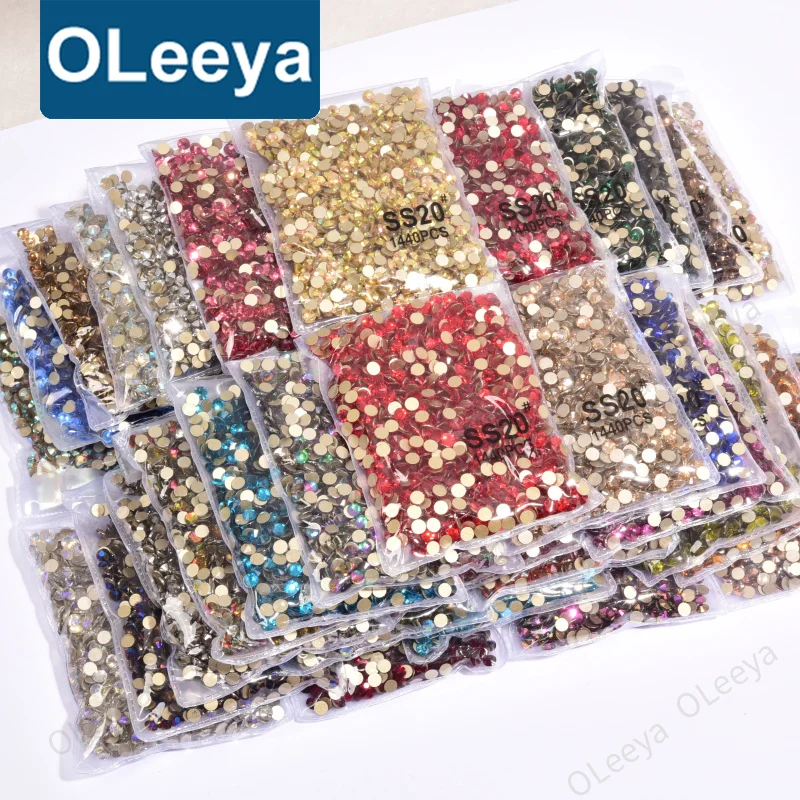 Oleeya  SS3-SS30 1440pcs Gold Bottom glass flatback Crystal Stone non hotfix nail rhinestone press on nails with rhinestones