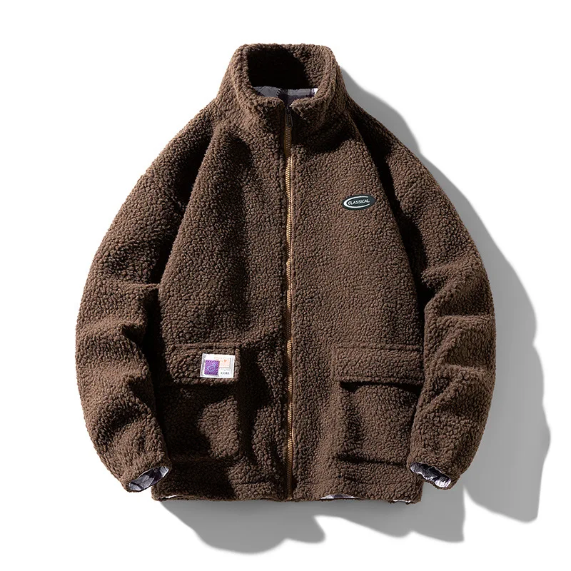 RTS Winter Warm Shaggy Wool Lamb Custom Logo Mens Sherpa Zip Up Fleece Jacket