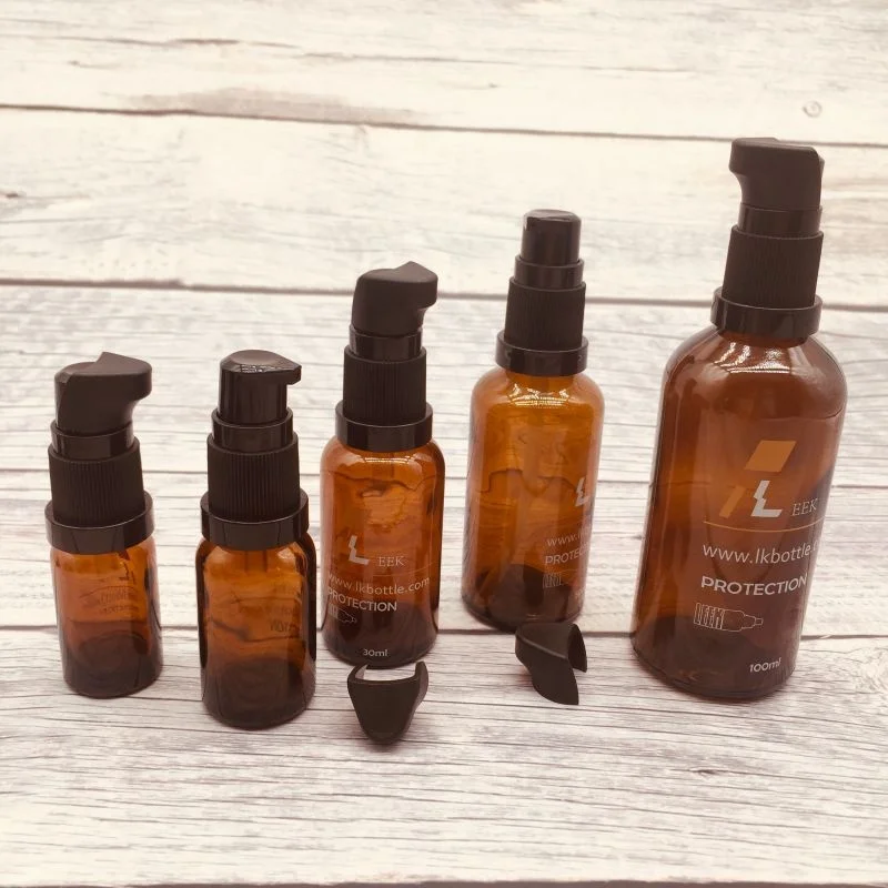 Stocking 5ml 10ml 15ml 20ml 30ml 50ml 100ml dark amber yb glass essential oil serum pump bottle