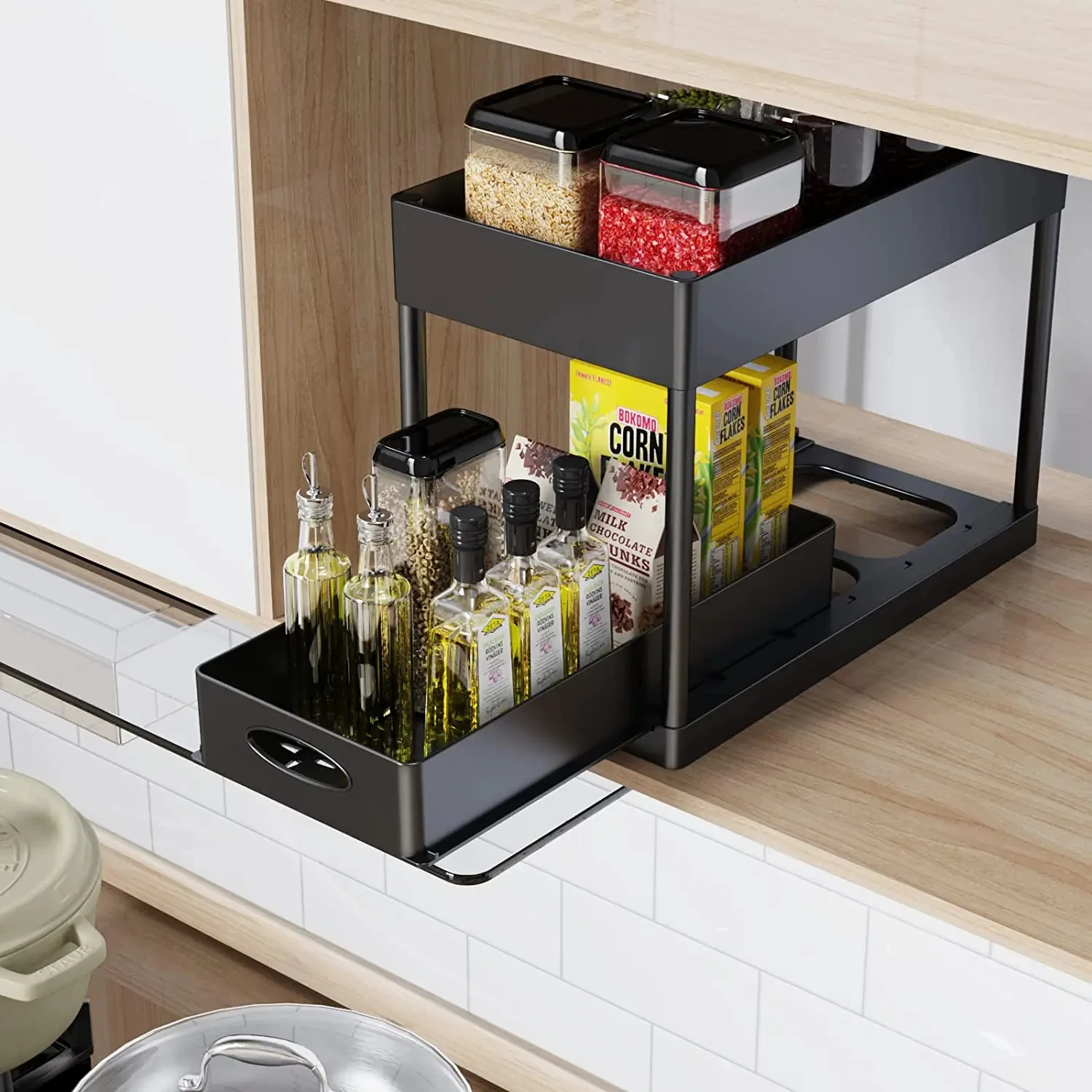 2 Tier Under Sink Organizer Sliding Cabinet Basket Organizer Storage Rack with Hooks Hanging Cup Bathroom Kitchen Organizer