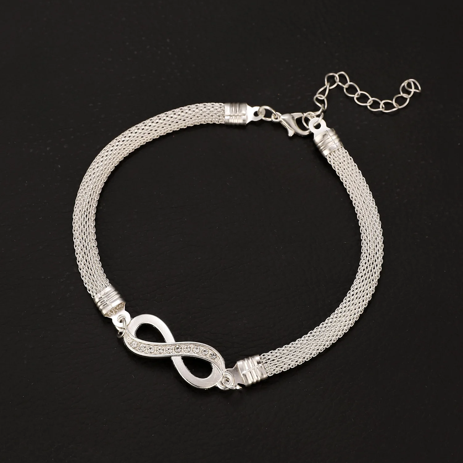 Trendy Woven Mesh Silver Alloy Foot Chains for Women Shiny Diamond Inlay Love Heart Butterfly Infinite Symbol Ankle Chains