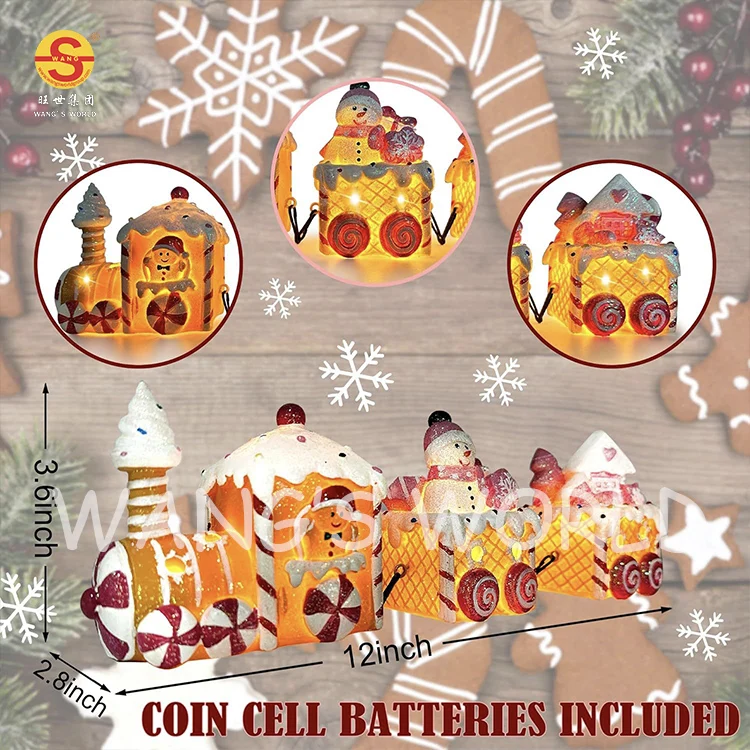 Christmas Tabletop Decorations LED Lights Gingerbread Train Resin Christmas Snowman Figurine Decoration LED Lights
