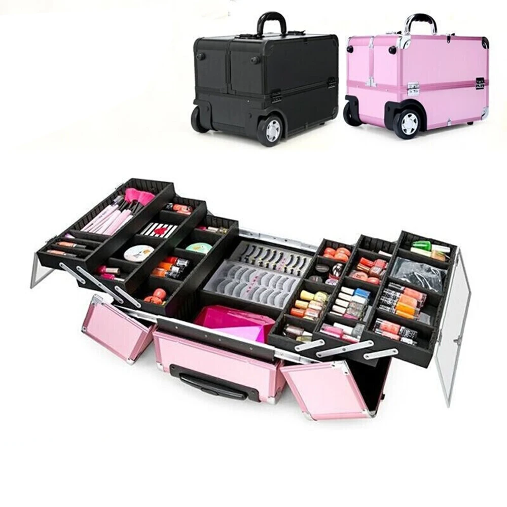 professional pink portable travel aluminum makeup trolley train case on wheels
