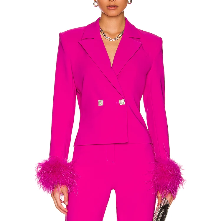 Hot Pink Feather Trimmed Sleeve Tailor Made Designer Custom Color Manufacturer Fitted Blazer Central Slit Pants
