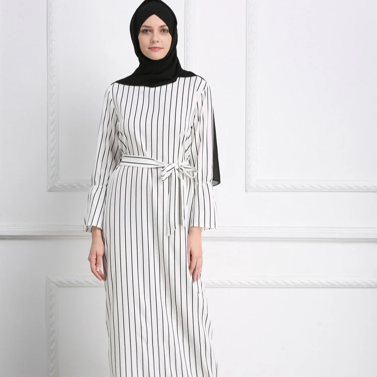 New Arrival Dubai Fashion Muslim Long Sleeve Striped T-Shirt White Abaya Dress