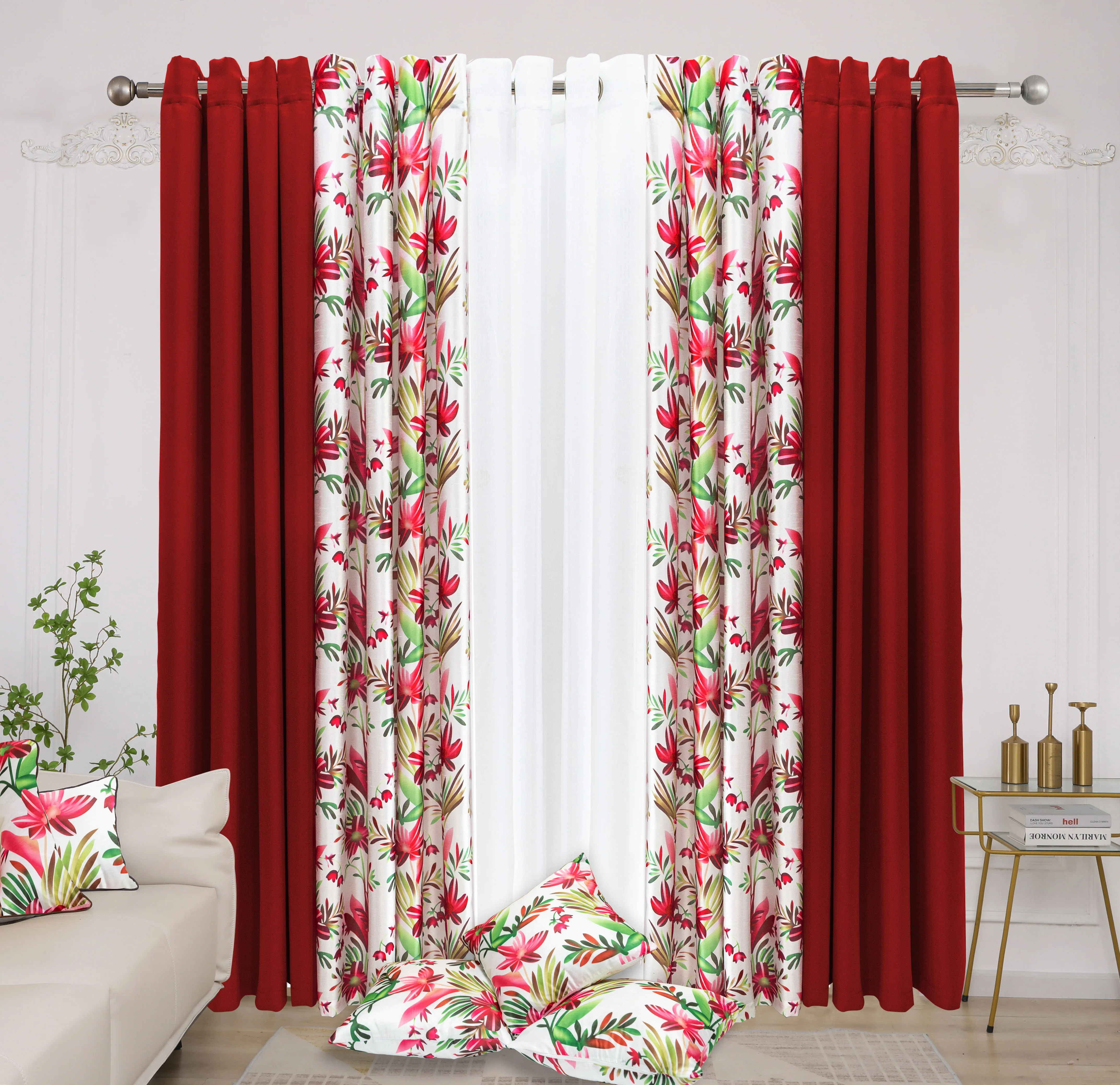 Curtain factory floral printing luxury quality window curtain with pillow cover ready made curtain for home  christmas decors