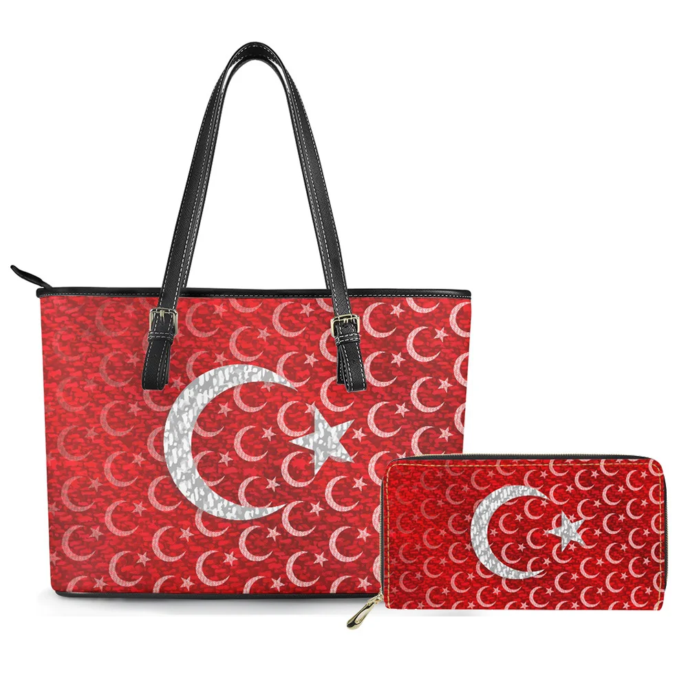 Nxidvxne  Purses And Handbags 2pcs Turkey Flag Moon And Star Print Custom Bags Women Handbags Ladies Custom Handbags Sets