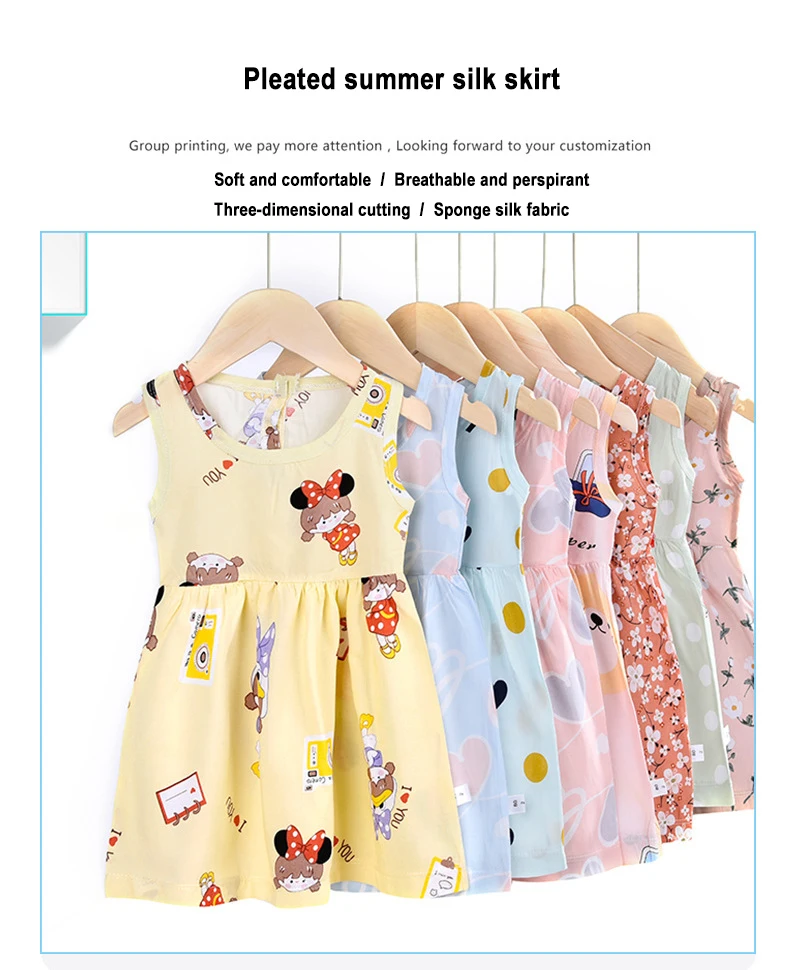 Wholesale Cute Summer O-Neck Sleeveless Baby Girls Dress Pink Flowers Printed Soft Toddler Baby Dresses 9-12 Months Custom Logo