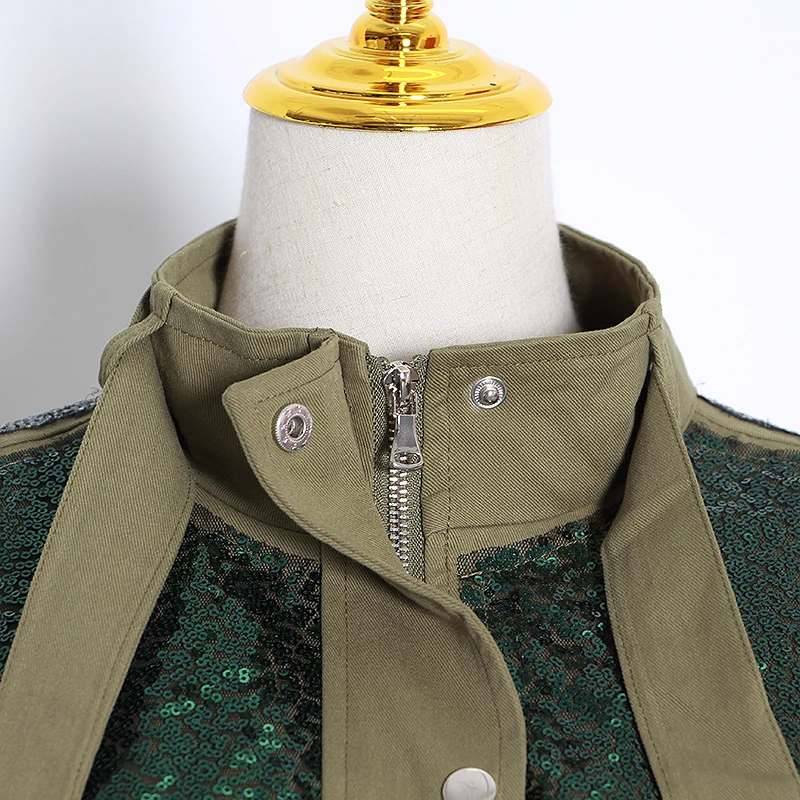 CHICEVER Patchwork Sequin Jackets For Women Turtleneck Long Sleeve Drawstring Coats Autumn Fashion Clothes 2020