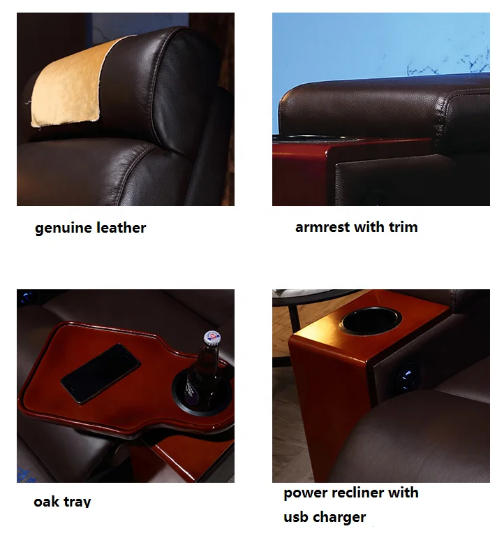 Современный Кожаный Электрический Диван для кинотеатра vip с дубовым лотком