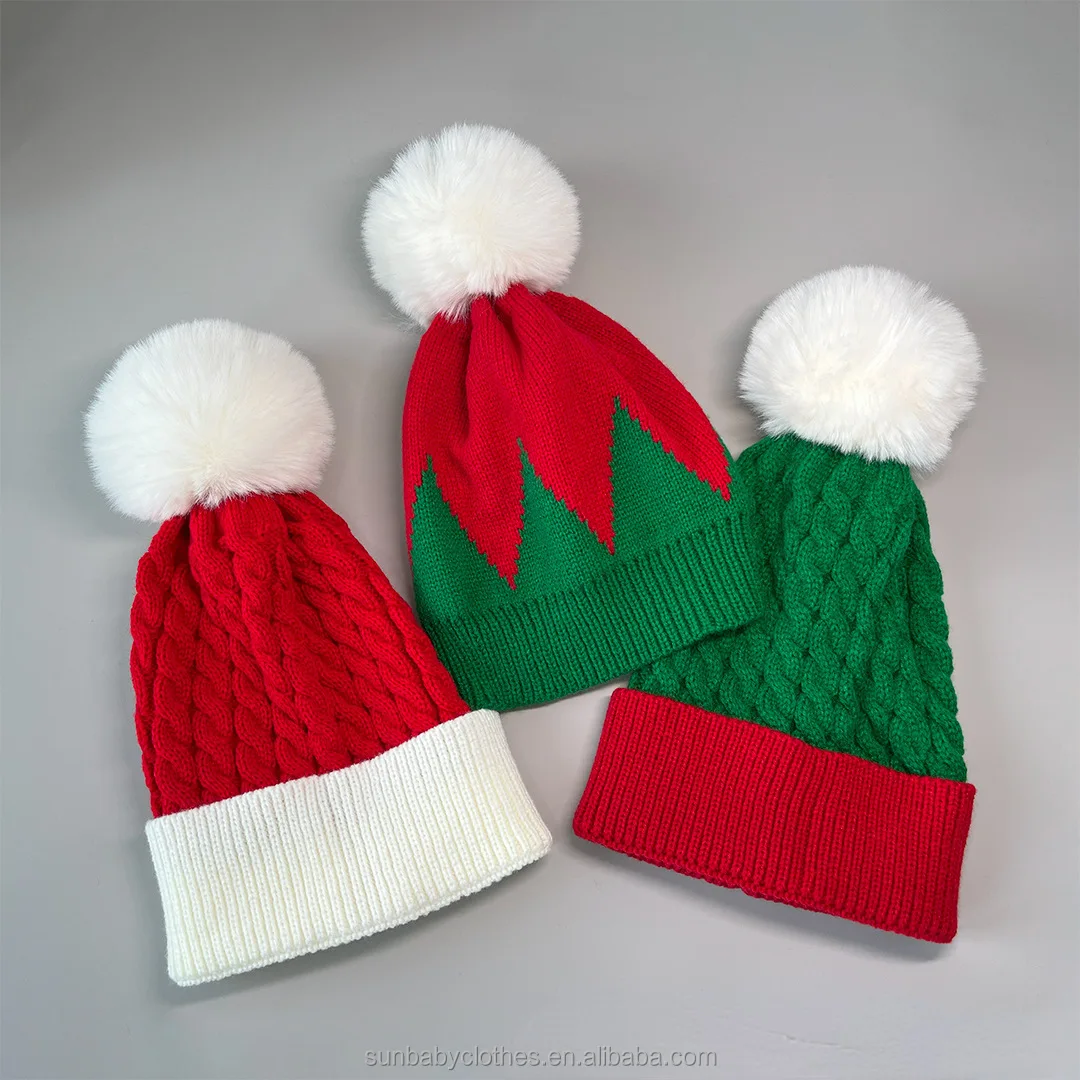 Ready to Ship New Arrivals Green Red Christmas Knitting Hat Family Matching Mommy and Me Holiday Cap
