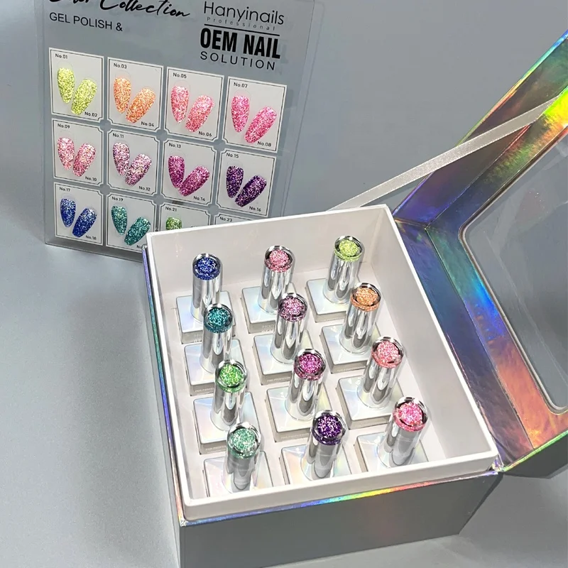 Customize 12 Colors Neon Reflective Flash Gel Polish Collection Laser Holographic Box OEM Gel Polish