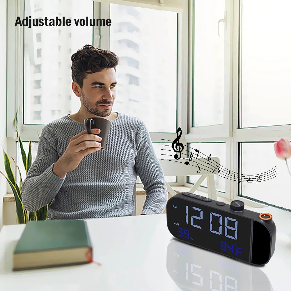 Projection Alarm Clock Digital Temperature Clock FM Radio Voice Control to Brighten Screen Clear Projector Display for Bedroom