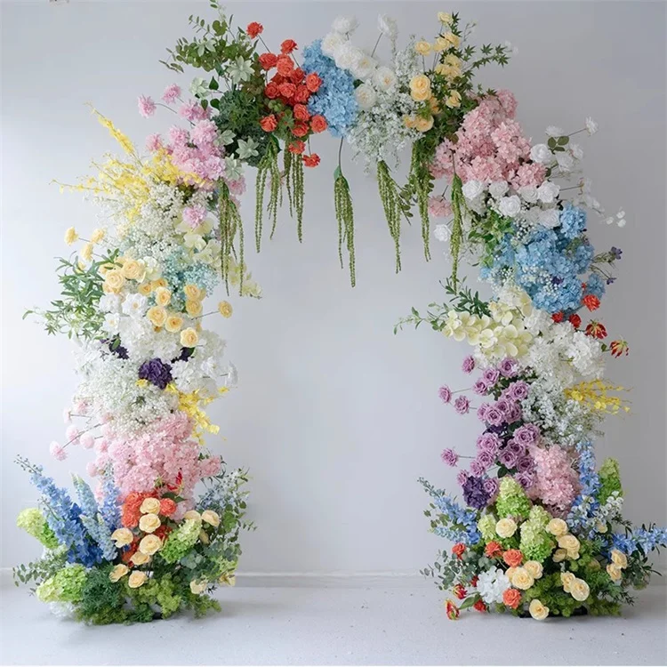 New arrival artificial flower arch colorful flowers delphinium rose orchid hydrangea rural style for wedding celebration decor