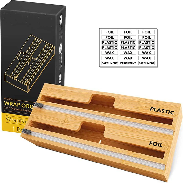 Wholesale hot sale kitchen roll organizer cling holder four size bamboo foil wrap dispenser with cutter