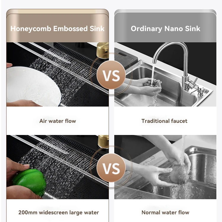 Modern Stainless Steel Black Waterfall Apron Farmhouse Sinks Countertop Dish Storage Drying Rack Mixer faucet Nano Kitchen Sink