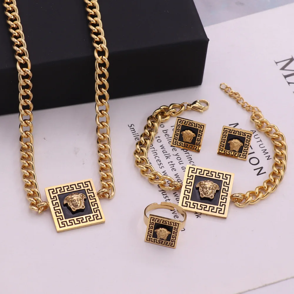 New Arrival Luxury Stainless Steel Adjustable Square Rings Cuban Link Chain Bracelet Designer Earring necklace Set for Women