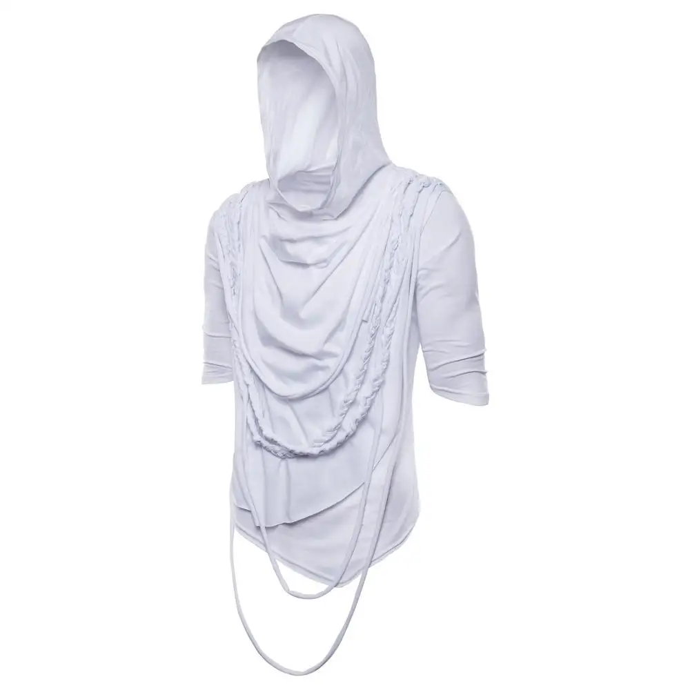 Liu Ming Custom Mens Chic Rope Decoration Heap Collar Hooded Half Sleeve Plain Hip Hop T Shirt
