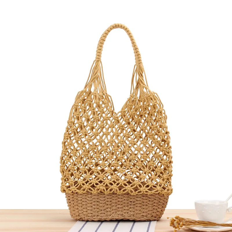 Fashion Popular Women Hand-woven Cotton Crochet Summer Beach Bag Handmade Woven Tote Shoulder Bag
