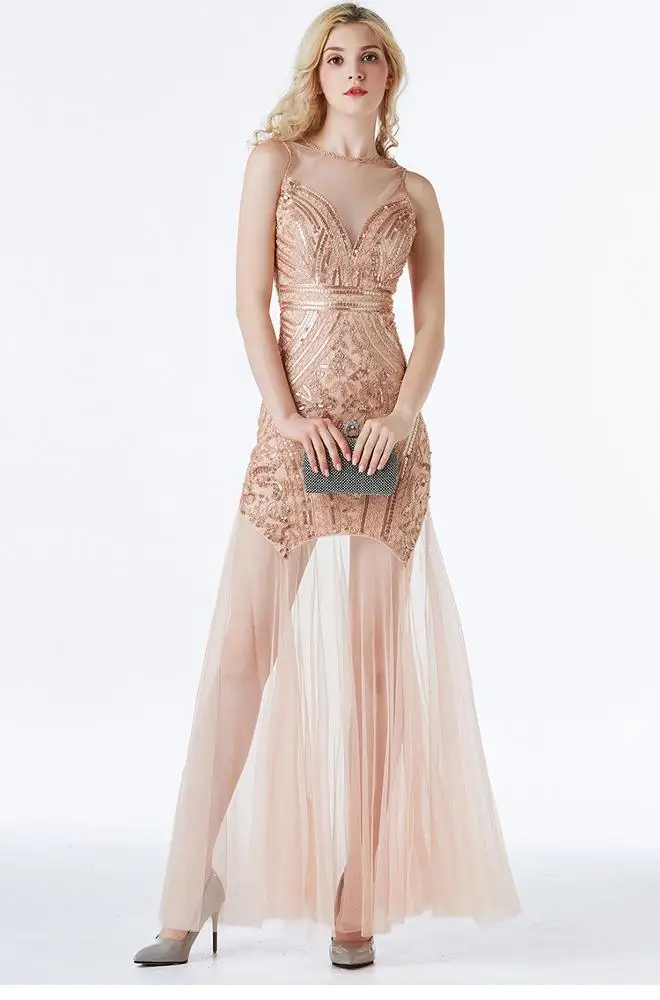 
Retro Dress Bridesmaid Beaded Mesh Sequin Evening Dress Wedding Long Dresses 