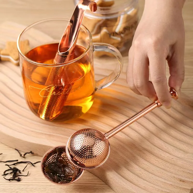 Factory custom LOGO food grade Gold rose gold stainless steel 304 press push rod tea filter tea infuser
