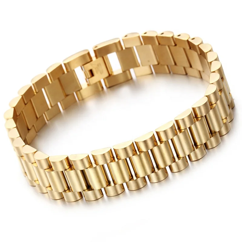 New Design Hip Hop Jewelry Titanium Men Bracelet Chain 18K Gold Plated Plain Stainless Steel Jewelry Watchband Bracelet Male
