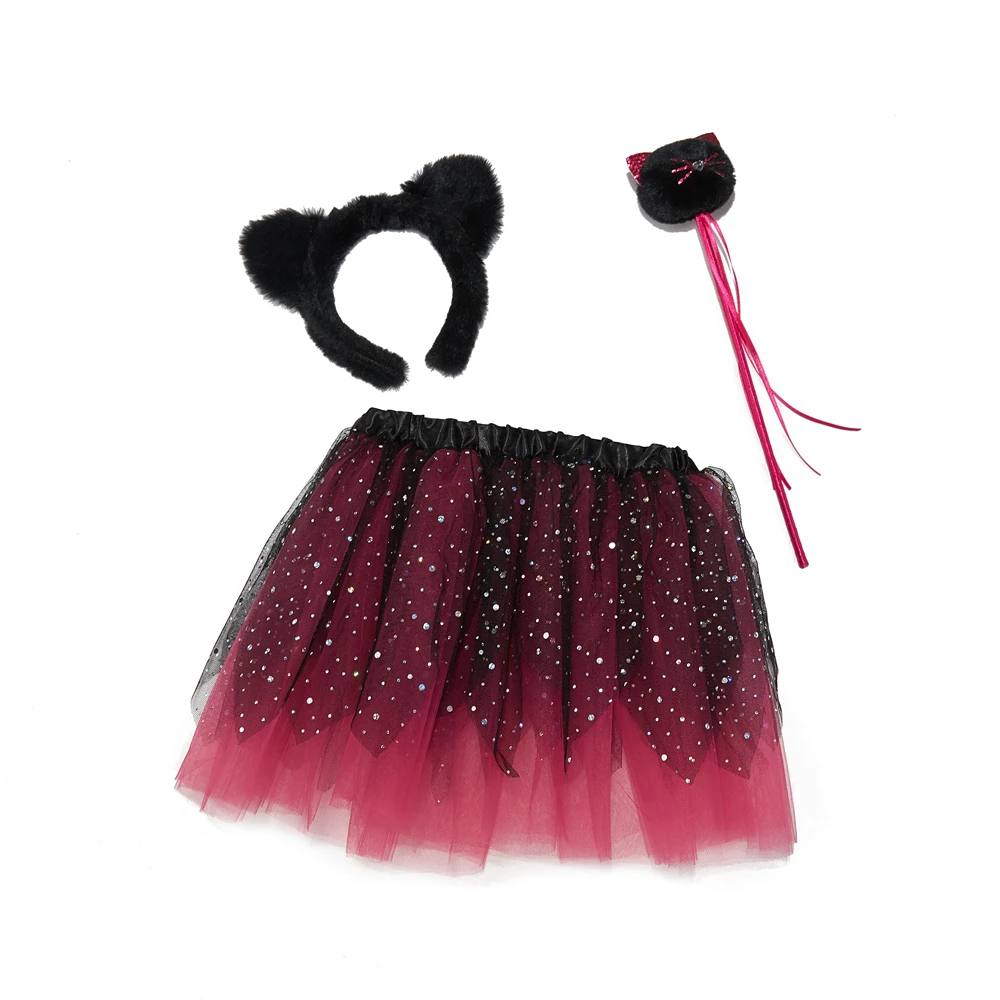 Fashion Classic Party Black Pink Sparkly Star Dress with Cat Headband and Fairy Stick Demon Kitten Tutu Skirt Set for Girls Mini