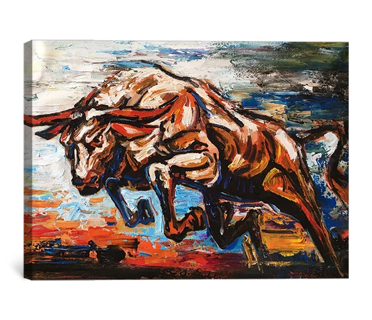 100% handpainted high quality spanish fighting bull animal wall art cattle picture oil painting  canvas artwork for home decor