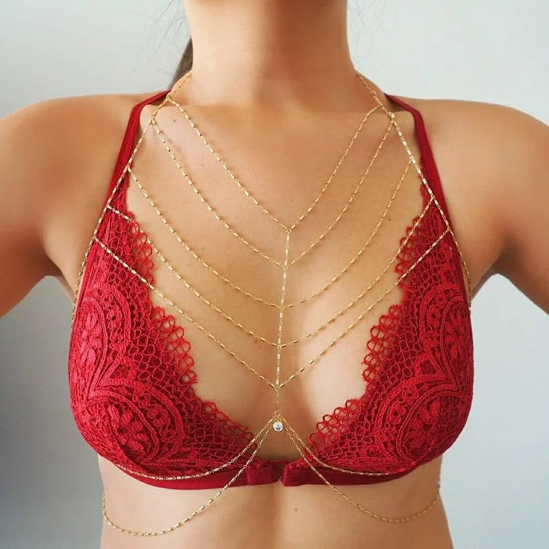 Western Boho Jewelry Accessories Inspirational Stainless Steel Jewelry Ladies Multi Layer Chain Lingerie Sexy Bra Body Chain