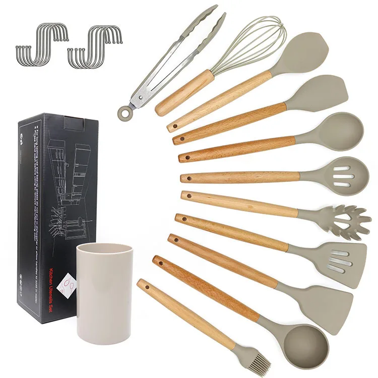 Heat resistant Silicone Cooking Kitchen spatula set Utensils Kit with Wooden Handles