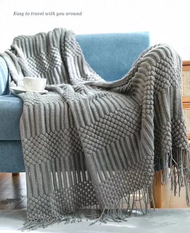 Handmade  knitted 100% acrylic jacquard throw blanket with fringes sofa throw blanket office rest throw