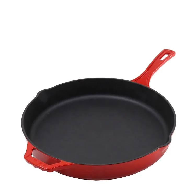 Hot Sell 30CM Cookware Red Enamel Bbq Steak Grill Fry Pans Cast Iron Skillet Non Stick Frying Pan