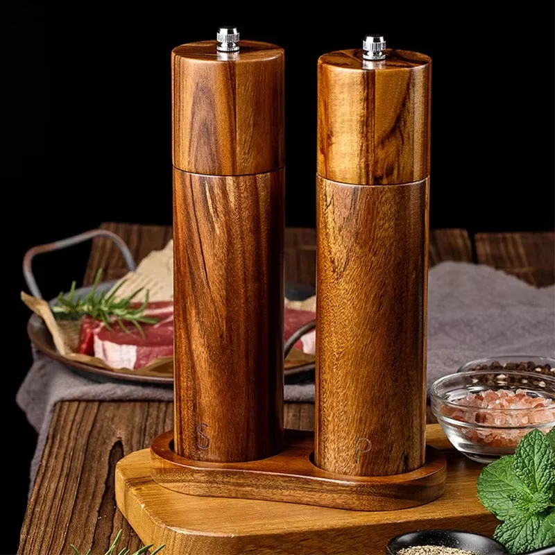Acacia Solid Wood Spice Pepper Mill Cylindrical Pepper Grinder Manual Black Pepper Powder Sea Salt Grinding Bottle Grinder