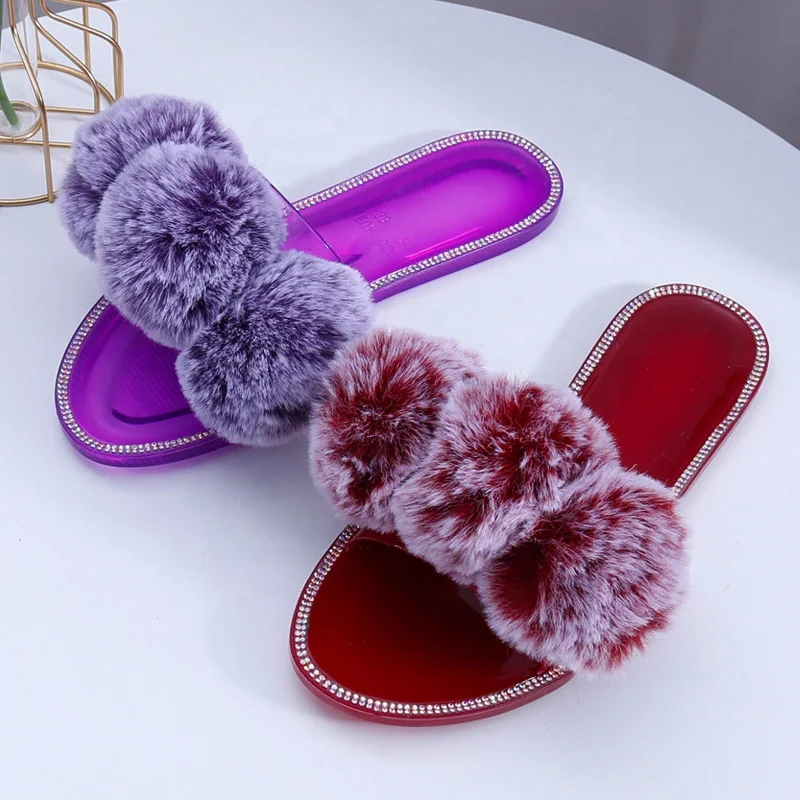  JDS01 New Fashion Cute Faux Fur Pompom Jelly Slippers Sandals For Ladies