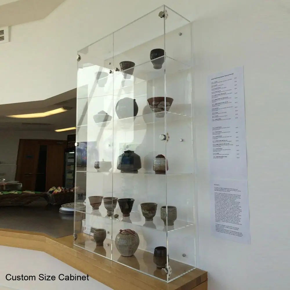 wall mounting acrylic display cabinet case with transparent shelves
