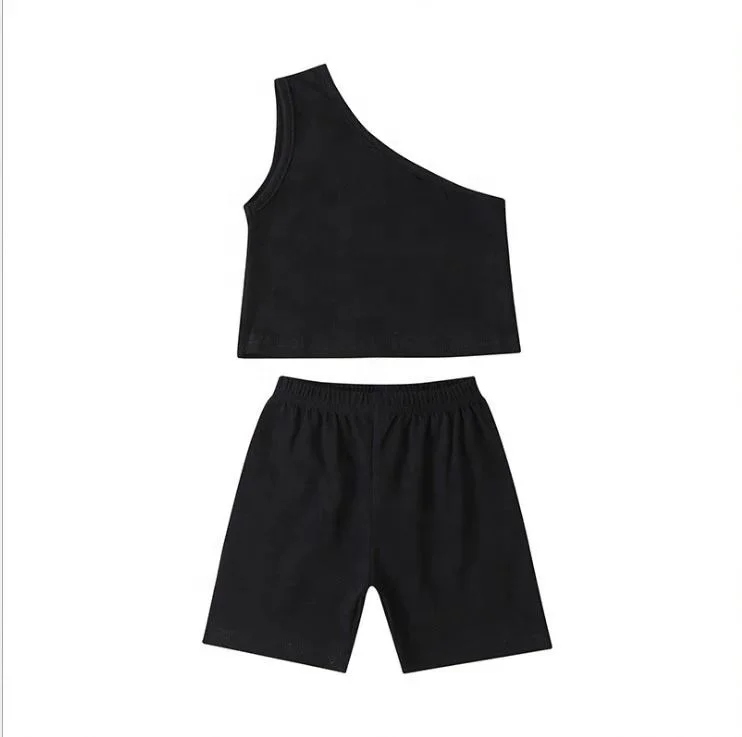 
2021 New Fashion One Shoulder Sleeveless Baby to Toddler Girl Cotton Outfits 40 Pure Colors Outfit 2 pcs Clothing Set 