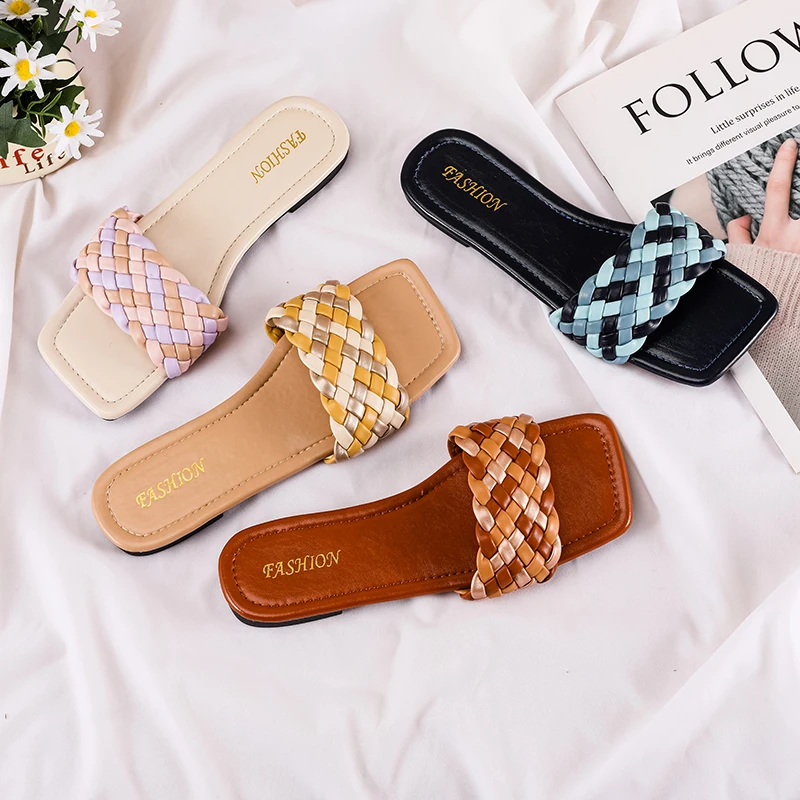 Wholesale flat slippers fancy fashion trending outerwear braided woven square toe casual sandal and flippers