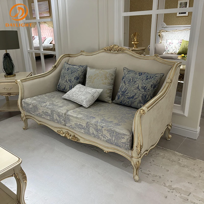 High-End Home Solid Wooden Hotel Interior Furniture Retro Villa Classic Customizable Living Room Antique Velvet Vintage Sofa Set