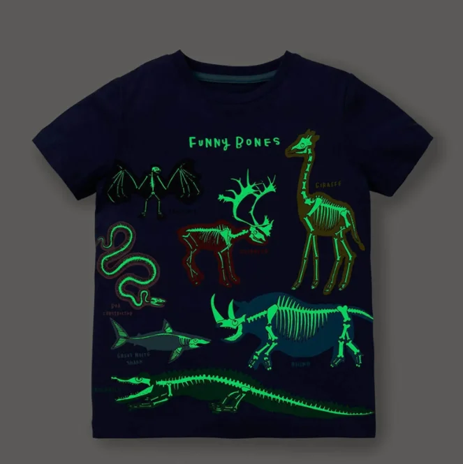 New design wholesale promotional children kids apparel fashion tops dinosaur luminous printing cotton boys t-shirts
