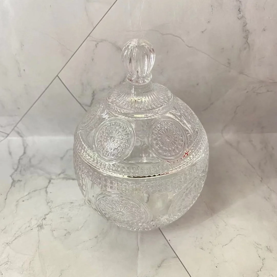 
2021 hot selling glass embossing candy jar and candle jar with lid for wedding holiday or household 