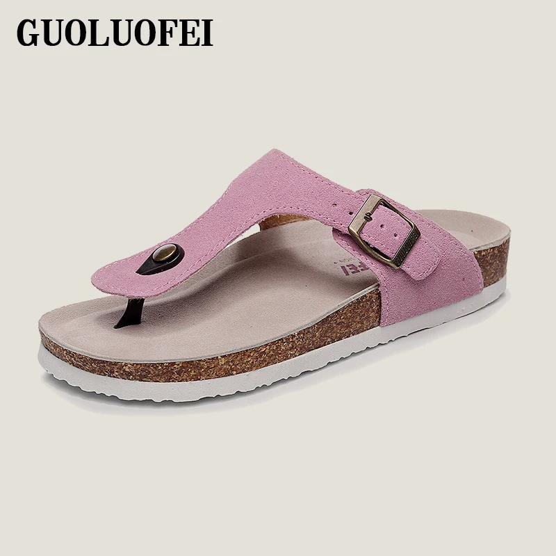 men slippers flip flops hot anti-slip slippers for women cork sole genuine leather slides slipper sandals with buckles